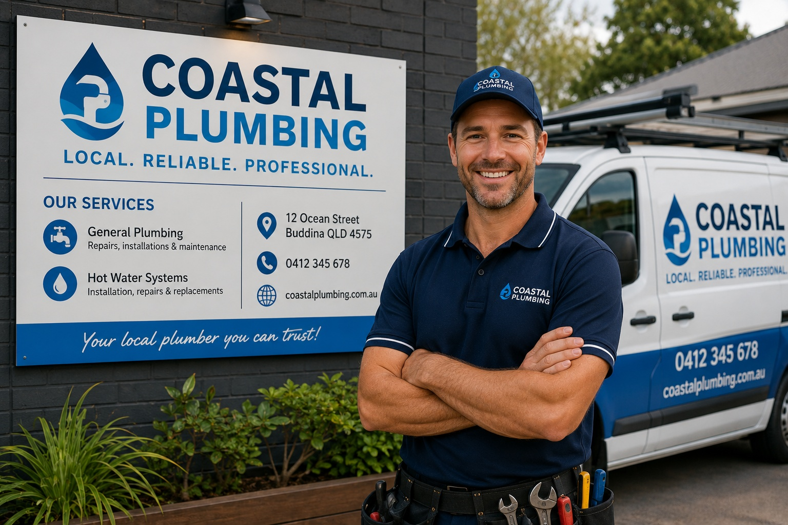 A business clearly showing its services, location, phone number and website